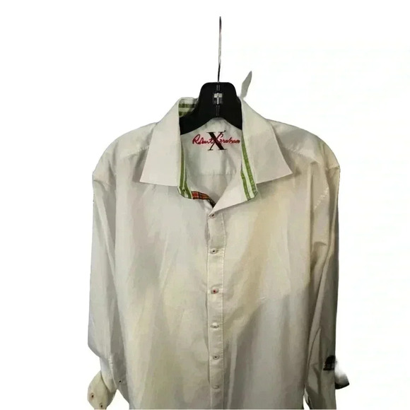 ROBERT GRAHAM MEN LARGE LUXURY SPORT SHIRT WHITE Green Stripes On Collar/Cuffs - Picture 2 of 10